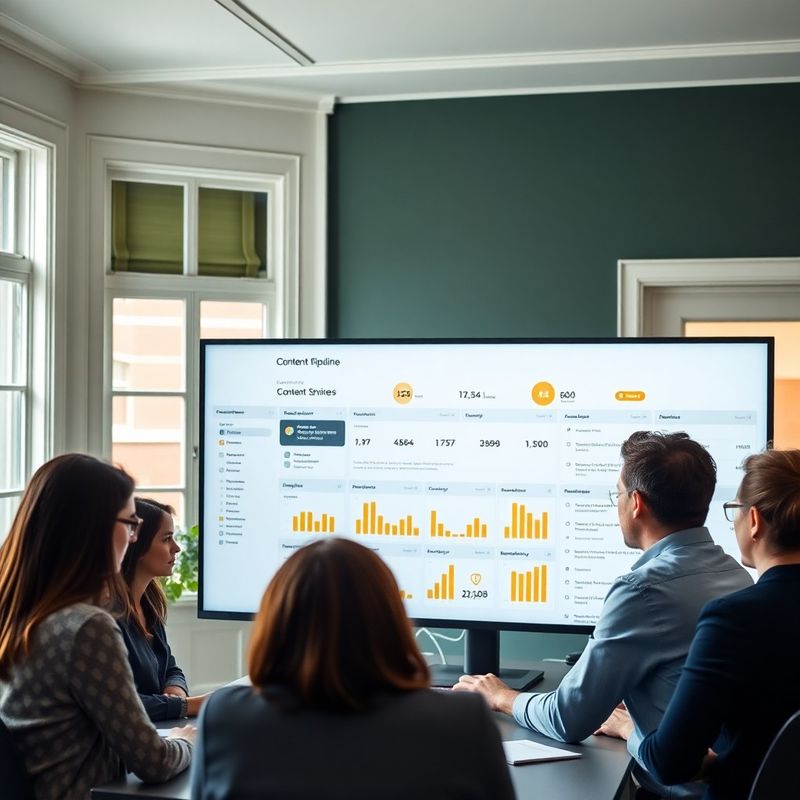 Small team reviewing a content pipeline dashboard in a Dublin office
