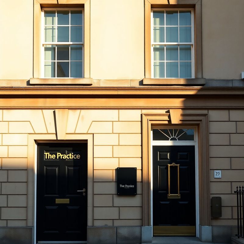 Dublin Georgian terrace facade with a charcoal and gold placard reading The Practice