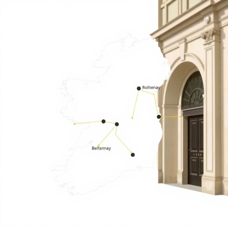 Illustrated map of Ireland with Dublin, Cork, Galway and Belfast connected by gold lines