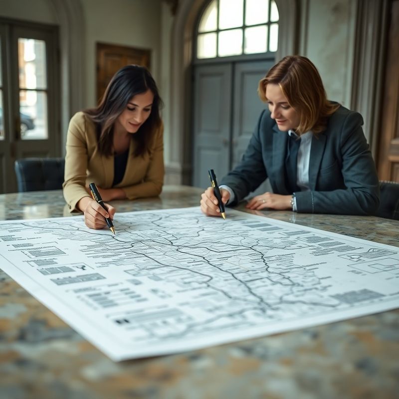 Two colleagues reviewing a printed pipeline map with gold highlight markers