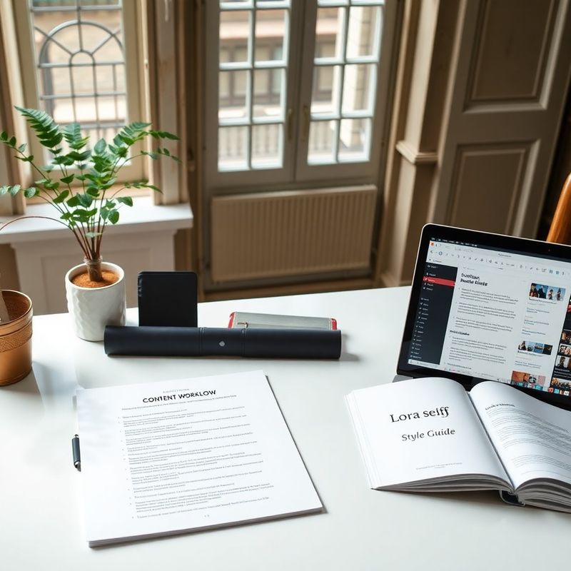 Workflow document, style guide and laptop CMS editor in soft Georgian window light